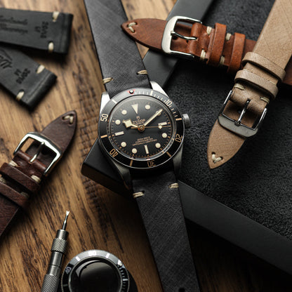 Cortez Vintage Stitching Genuine Leather Watch Strap - Black