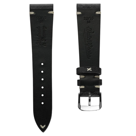 Cortez Vintage Stitching Genuine Leather Watch Strap - Black