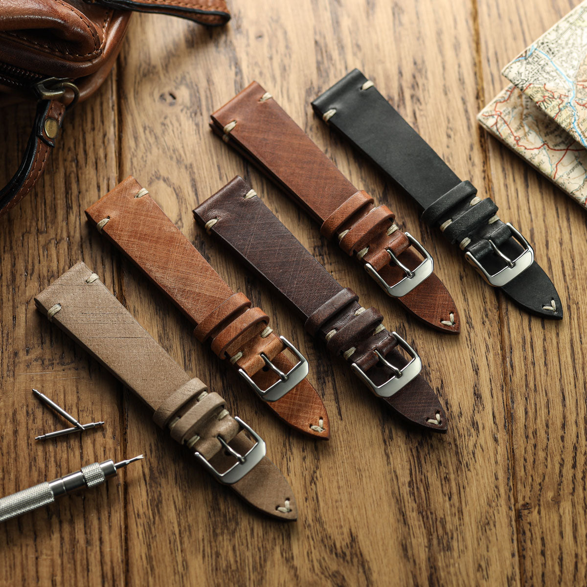 Cortez Vintage Stitching Genuine Leather Watch Strap - Cognac