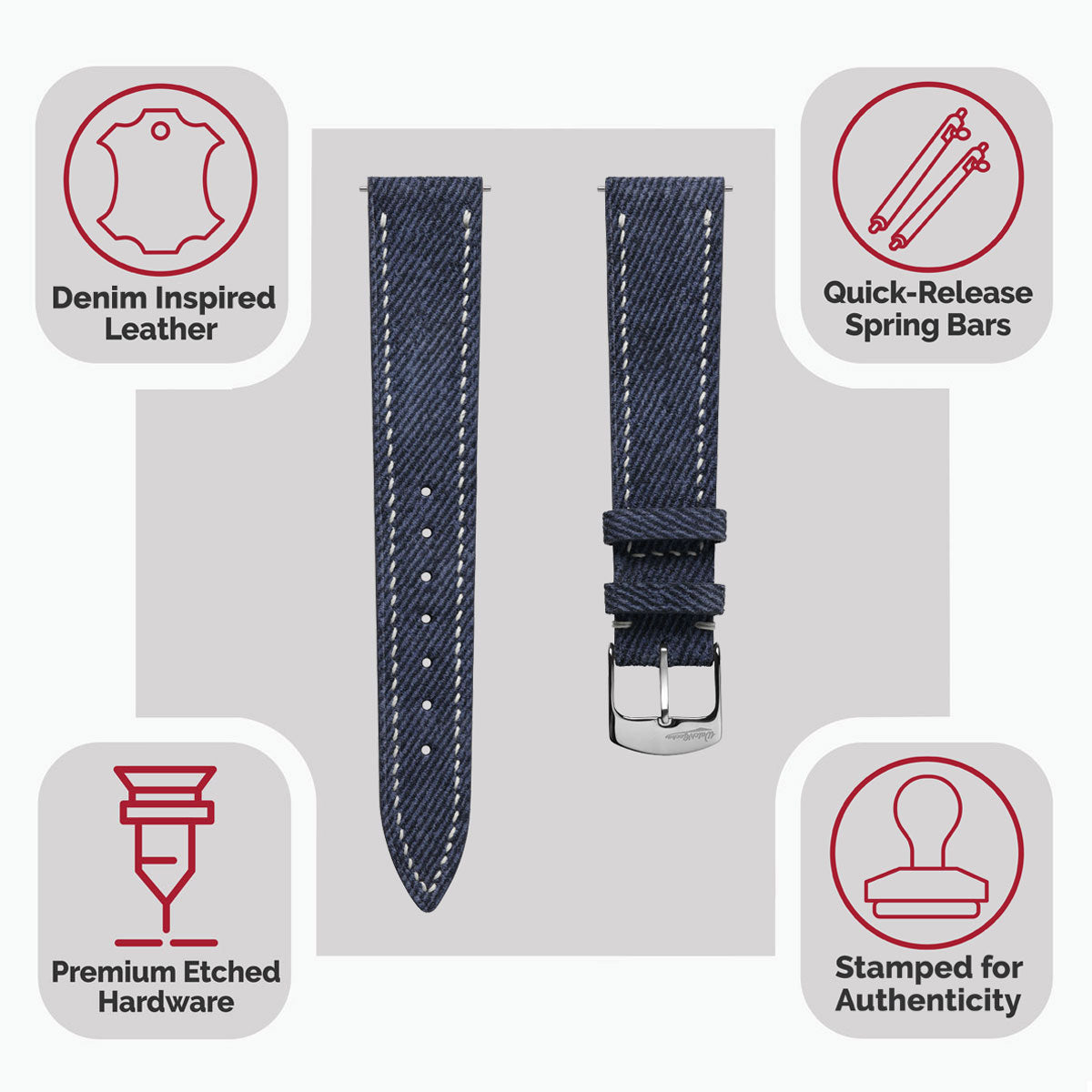 Arbour Hand-Stitched Denim and Genuine Leather Watch Strap - Elegant Navy Blue Style