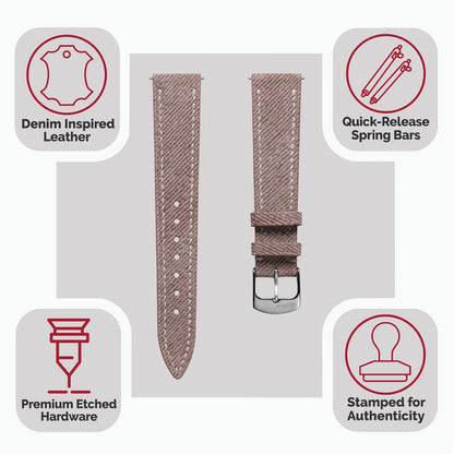 Arbour Handgenähte Denim-Design Echtes Leder Uhrenarmband - Quartz Rosa