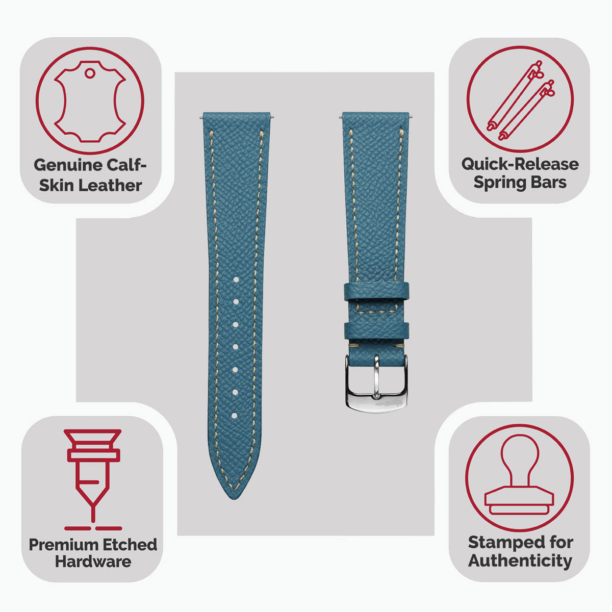 Hanley Textured Epsom Hand-Stitched Leather Watch Strap - Light Blue
