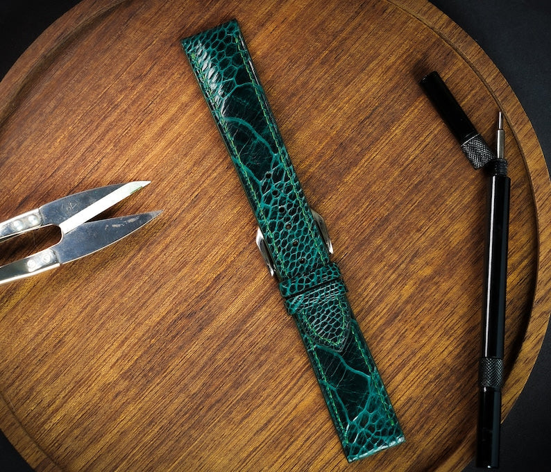Green Ostrich Leg Leather Watch Strap/ Quick Release Watch Strap/ 18mm/19mm/21mm/22mm/ Handmade Custom Leather Watch/ Gift for Men & Women