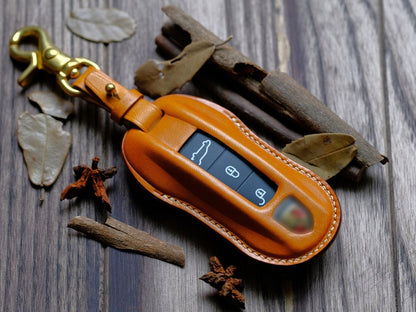 Personalized Leather Protector Case for Keyless Remote Entry Key Fob Cover Key Holder Key Chain Porsche 718 911 Cayenne Macan Taycan ...