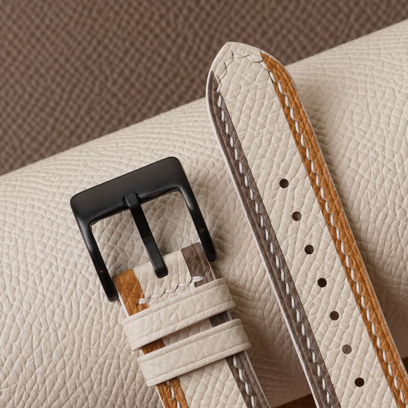 Tricolor Sesame Epsom Leather Watch Strap, Tricolor Sesame Epsom Handmade Watch Strap, Epsom Strap Watch 16mm 18mm 19mm 20mm 21mm
