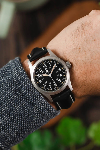 Hirsch HEAVY CALF Water-Resistant Calf Leather Watch Strap in BLACK/WHITE