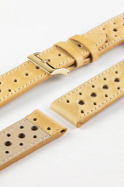 Pebro RACING Perforated Leather Watch Strap in MUSTARD