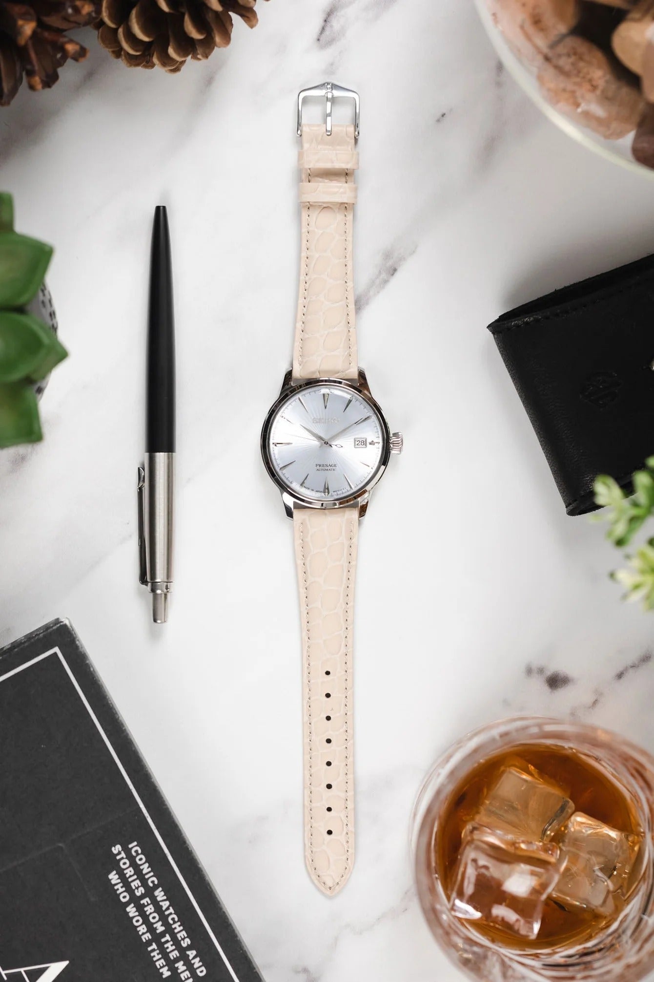 Hirsch ARISTOCRAT Croco-Embossed Leather Watch Strap in BEIGE