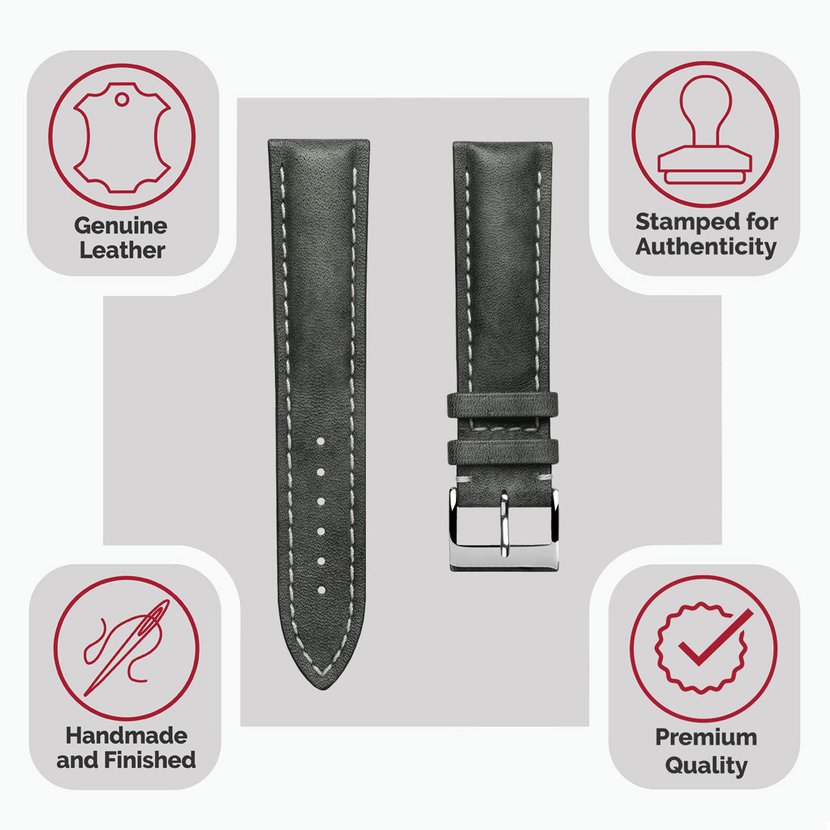 Ostend Thick Padded Leather Watch Strap - Patina Grey