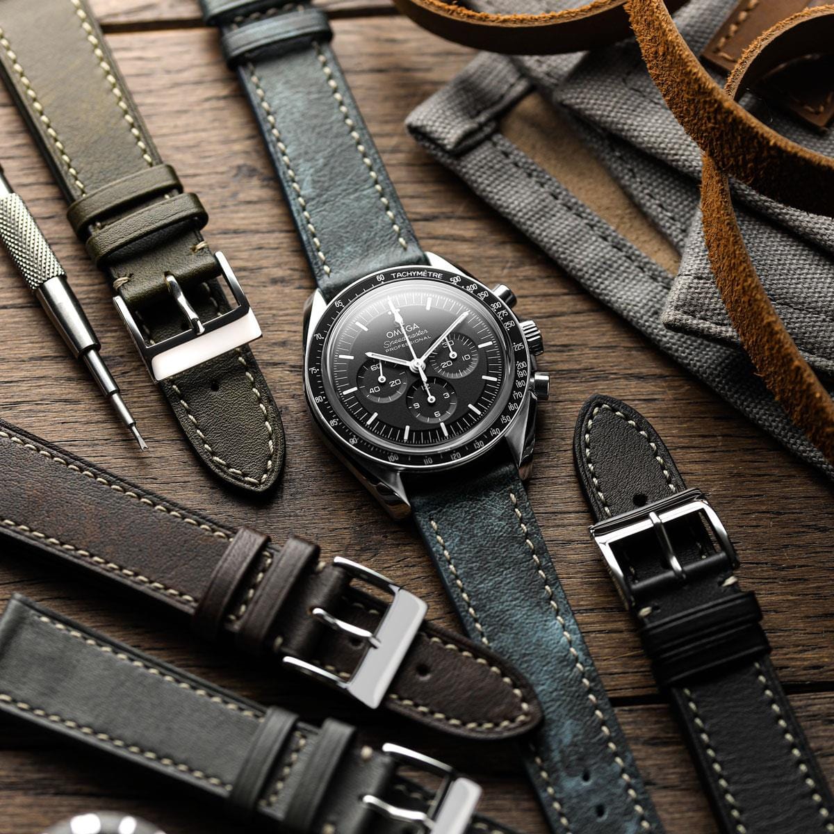 Bracelet pour montre en cuir de veau à patine plate Rochefort - Couleur jean bleu