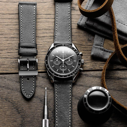 bracelet de montre en cuir de veau patiné plat Rochefort - Platine