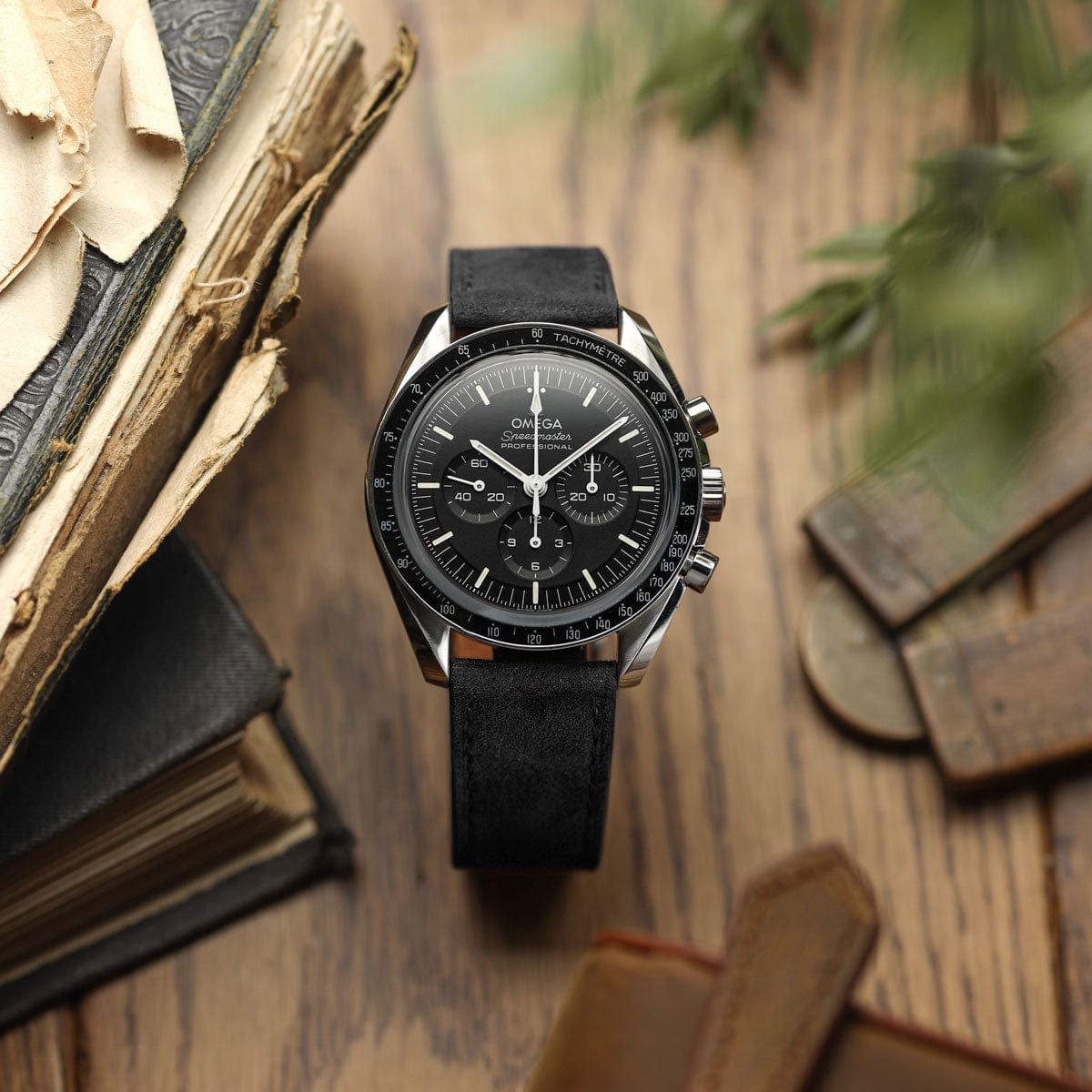 Foulard à semelle plate en nubuck et cuir fait main - Bracelet de montre noir