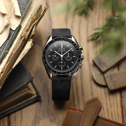 Foulard à semelle plate en nubuck et cuir fait main - Bracelet de montre noir