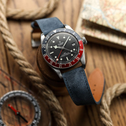 Bracelet Montre en Cuir Nubuck Plat Mozet Fait Main - Bleu Jean